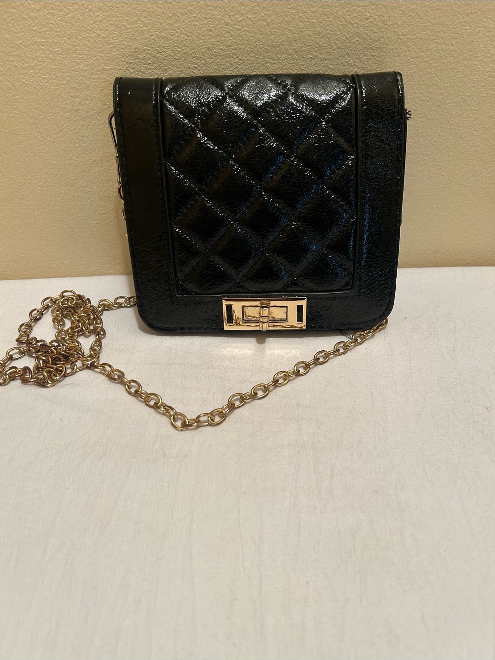 Black Quilted Crossbody Bag with Gold Chain